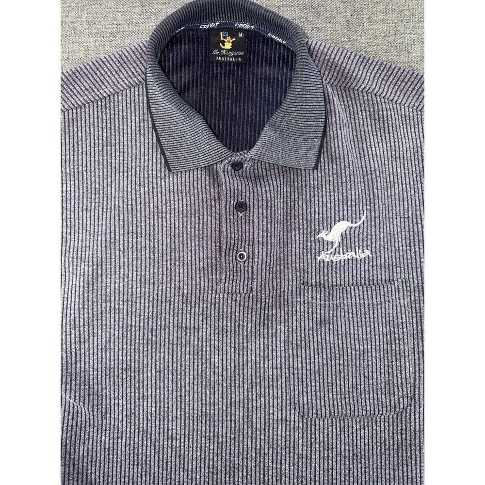 Mr Kangaroo Australia Polo Shirt Men's‎ Medium Gray Striped Embroidered Pocket